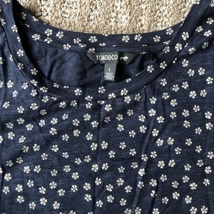Navy blue dress with white flowers.